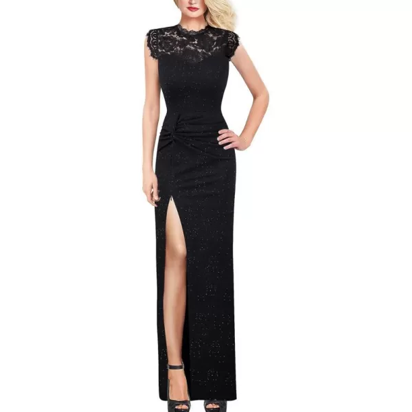 VFSHOW Womens Floral Lace Ruched Twist Twist Knot Front Split Formal Evening Maxi DressSparkly Black