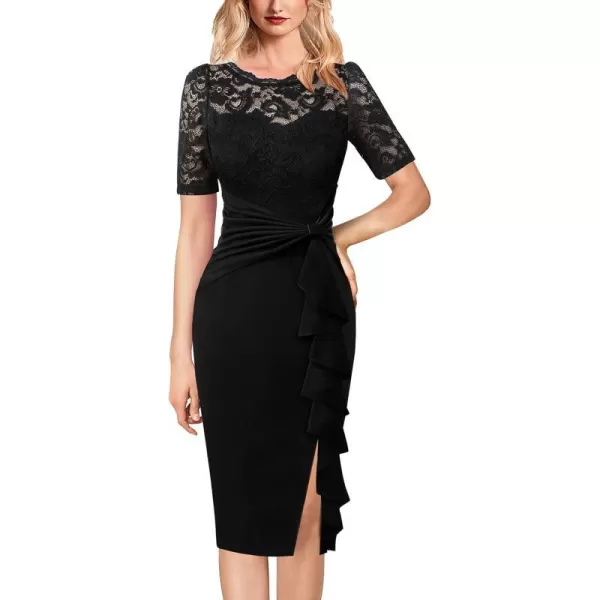 VFSHOW Womens Floral Lace Ruffle Peplum Bow Split Cocktail Party Bodycon Pencil DressBlack Laceshort Sleeve