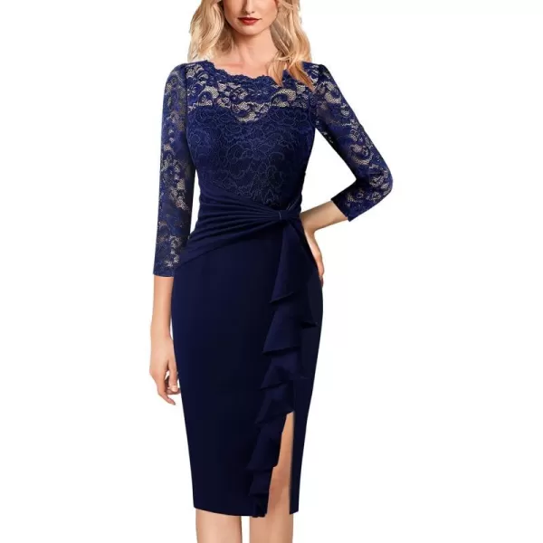 VFSHOW Womens Floral Lace Ruffle Peplum Bow Split Cocktail Party Bodycon Pencil DressBlue Lace34 Sleeves