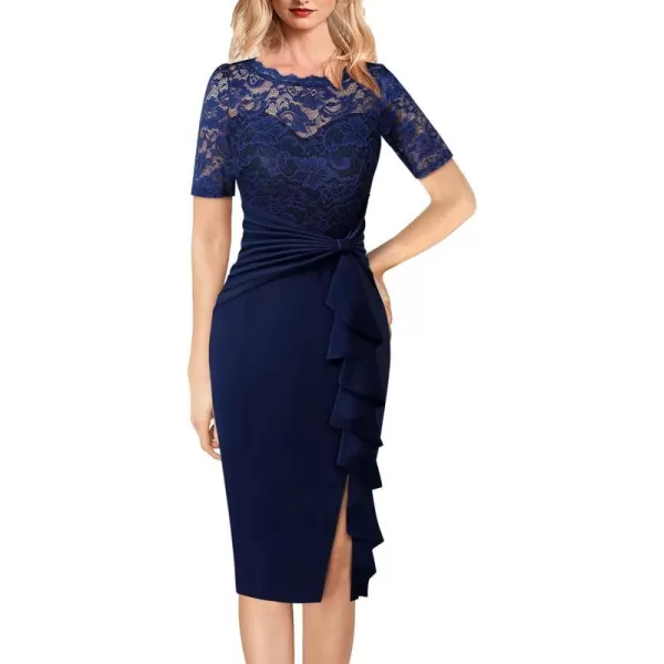 VFSHOW Womens Floral Lace Ruffle Peplum Bow Split Cocktail Party Bodycon Pencil DressBlue Laceshort Sleeve