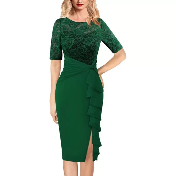 VFSHOW Womens Floral Lace Ruffle Peplum Bow Split Cocktail Party Bodycon Pencil DressGreen Laceshort Sleeve