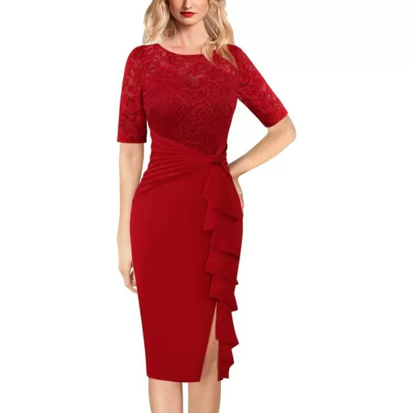 VFSHOW Womens Floral Lace Ruffle Peplum Bow Split Cocktail Party Bodycon Pencil DressRed Laceshort Sleeve