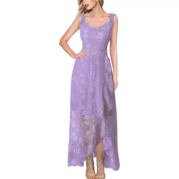 VFSHOW Womens Floral Lace Spaghetti Strap Applique Ruffle Split Formal Evening Gown Wedding Aline Maxi DressLight Purple Floral Lace