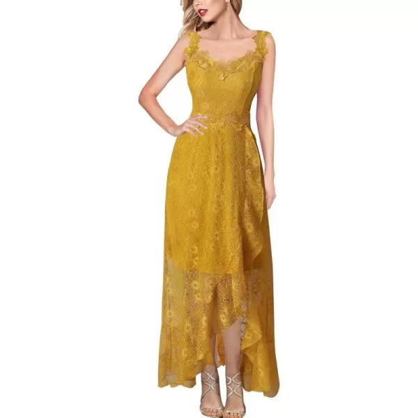 VFSHOW Womens Floral Lace Spaghetti Strap Applique Ruffle Split Formal Evening Gown Wedding Aline Maxi DressYellow Floral Lace