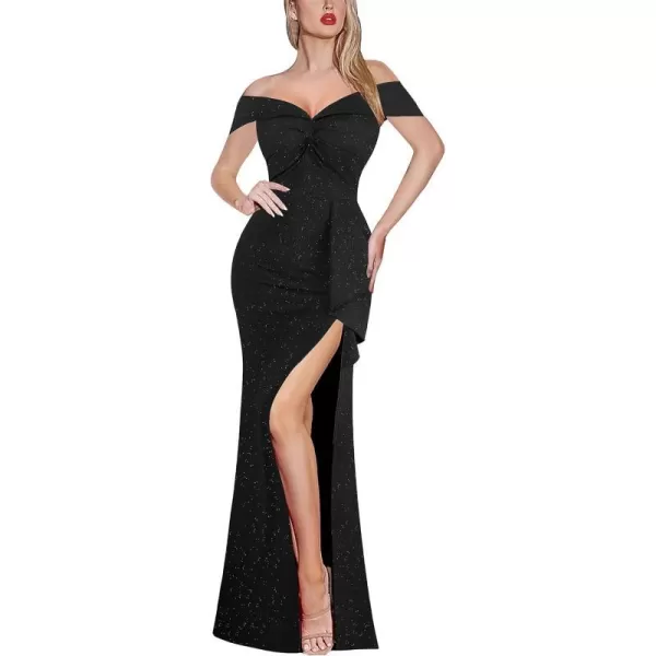 VFSHOW Womens Formal Off Shoulder Ruched Ruffle Prom Wedding Guest Maxi Dress Twist Front 2023 High Split Evening Long GownSparkly Black