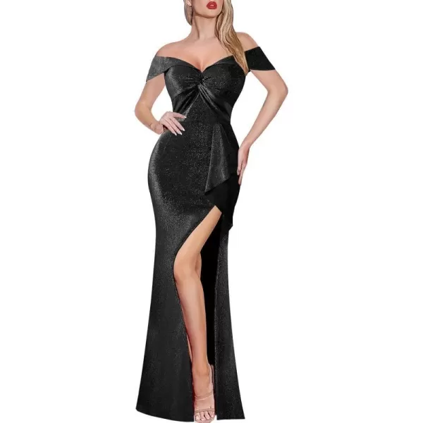 VFSHOW Womens Formal Off Shoulder Ruched Ruffle Prom Wedding Guest Maxi Dress Twist Front 2023 High Split Evening Long GownSparkly Black2