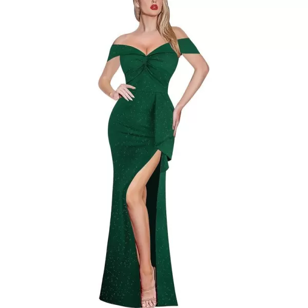 VFSHOW Womens Formal Off Shoulder Ruched Ruffle Prom Wedding Guest Maxi Dress Twist Front 2023 High Split Evening Long GownSparkly Dark Green