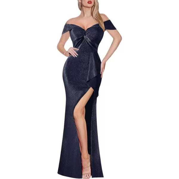 VFSHOW Womens Formal Off Shoulder Ruched Ruffle Prom Wedding Guest Maxi Dress Twist Front 2023 High Split Evening Long GownSparkly Navy Blue2