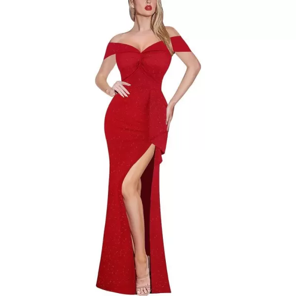 VFSHOW Womens Formal Off Shoulder Ruched Ruffle Prom Wedding Guest Maxi Dress Twist Front 2023 High Split Evening Long GownSparkly Red