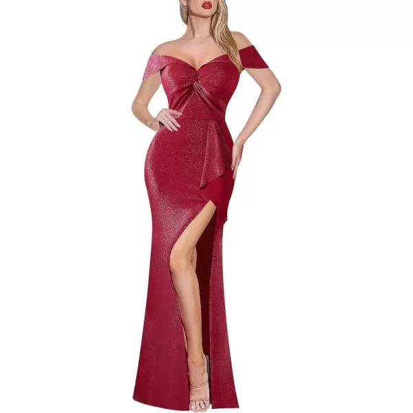 VFSHOW Womens Formal Off Shoulder Ruched Ruffle Prom Wedding Guest Maxi Dress Twist Front 2023 High Split Evening Long GownSparkly Red2