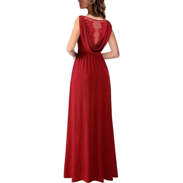 VFSHOW Womens Formal Prom Deep V Neck Floral Embroidery Draped ALine Maxi Dress High Slit Wedding Guest Pleated Evening GownSparkly Red