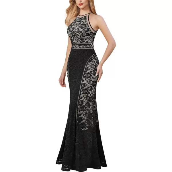 VFSHOW Womens Formal Prom Halter Floral Lace Wedding Guest Mermaid Maxi Dress 2024 Sexy Elegant Long Cocktail Evening GownBlack Floral Lace