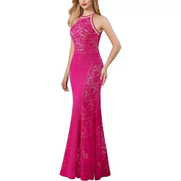 VFSHOW Womens Formal Prom Halter Floral Lace Wedding Guest Mermaid Maxi Dress 2024 Sexy Elegant Long Cocktail Evening GownHot Pink Floral Lace