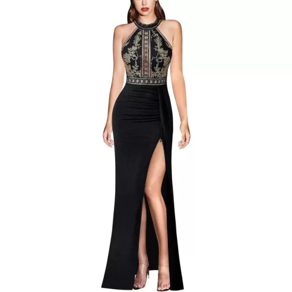 VFSHOW Womens Formal Prom Halter Neck Embroidery Ruched Keyhole Back Maxi Dress 2024 High Split Long Cocktail Evening GownBlack With Gold Embroidery