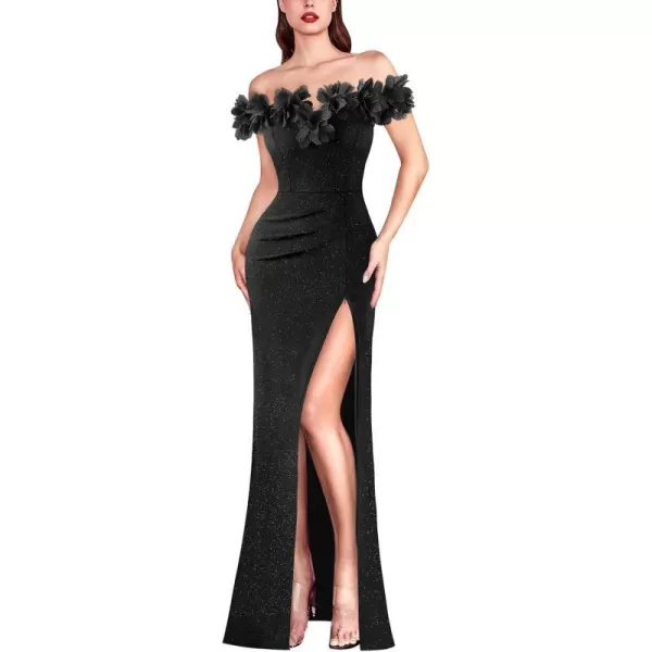 VFSHOW Womens Formal Prom Off Shoulder 3D Flowers Ruched Wedding Guest Maxi Dress 2024 Sexy High Slit Cocktail Evening GownSparkly Black