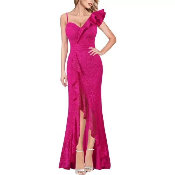 VFSHOW Womens Formal Prom One Shoulder Strap Ruched Ruffle Split Maxi Dress 2023 Sexy V Neck Wedding Guest Evening Long GownHot Pink Floral Lace