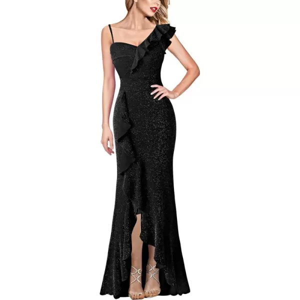 VFSHOW Womens Formal Prom One Shoulder Strap Ruched Ruffle Split Maxi Dress 2023 Sexy V Neck Wedding Guest Evening Long GownShiny Black5