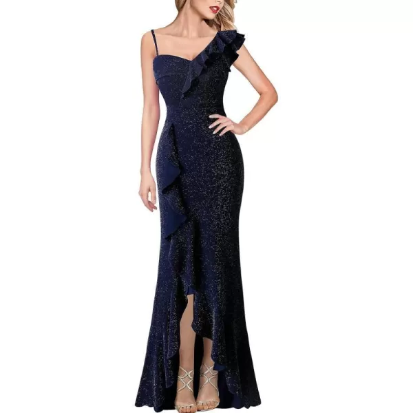 VFSHOW Womens Formal Prom One Shoulder Strap Ruched Ruffle Split Maxi Dress 2023 Sexy V Neck Wedding Guest Evening Long GownShiny Navy Blue5