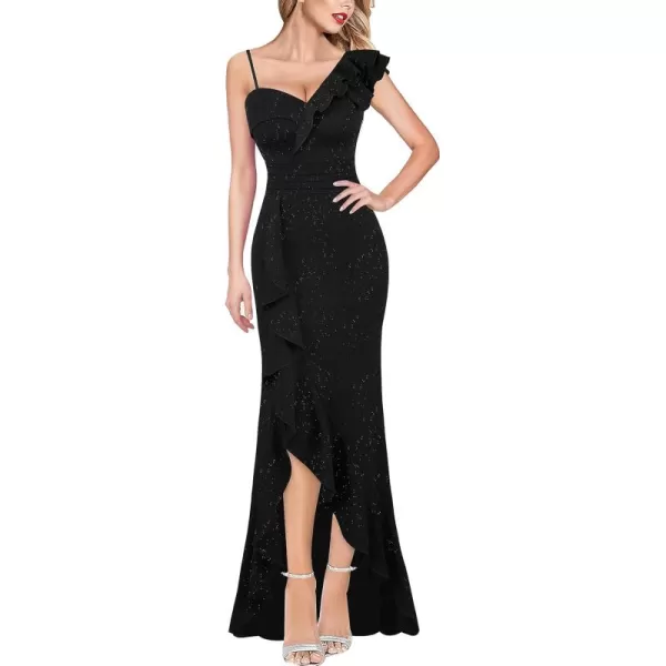 VFSHOW Womens Formal Prom One Shoulder Strap Ruched Ruffle Split Maxi Dress 2023 Sexy V Neck Wedding Guest Evening Long GownSparkly Black