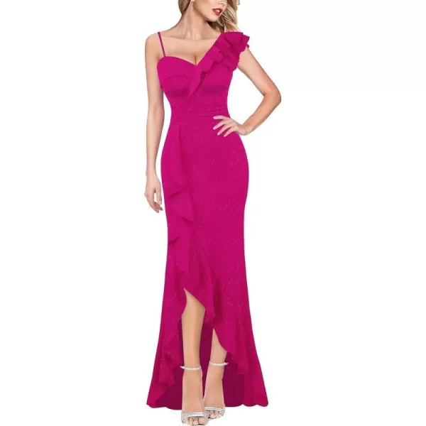 VFSHOW Womens Formal Prom One Shoulder Strap Ruched Ruffle Split Maxi Dress 2023 Sexy V Neck Wedding Guest Evening Long GownSparkly Hot Pink