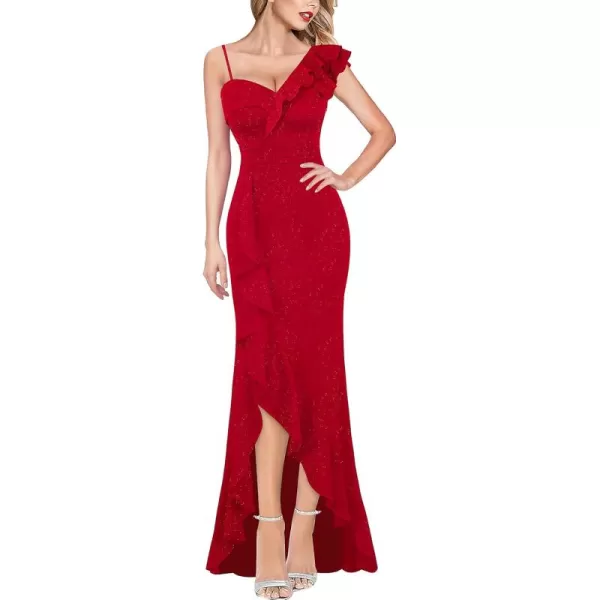 VFSHOW Womens Formal Prom One Shoulder Strap Ruched Ruffle Split Maxi Dress 2023 Sexy V Neck Wedding Guest Evening Long GownSparkly Red