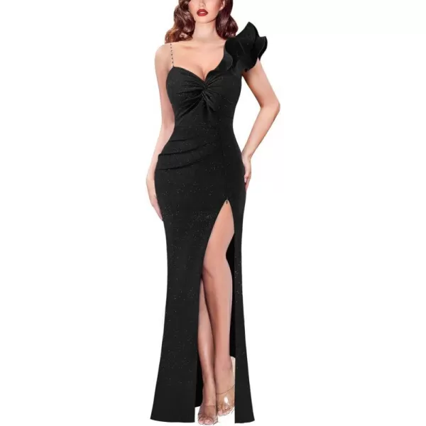 VFSHOW Womens Formal Prom Ruffle One Shoulder Strap Ruched Maxi Dress 2024 Sexy Twist Front Split Wedding Guest Evening GownSparkly Black