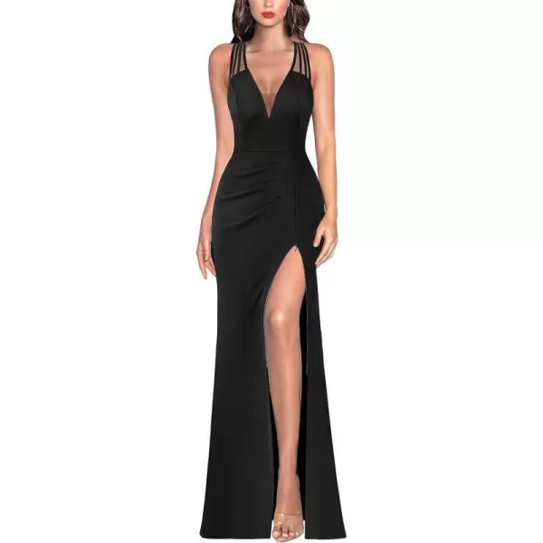 VFSHOW Womens Formal Prom Sexy Deep V Neck Ruched Backless High Slit Maxi Dress 2024 Wedding Guest Long Cocktail Evening GownSolid Black