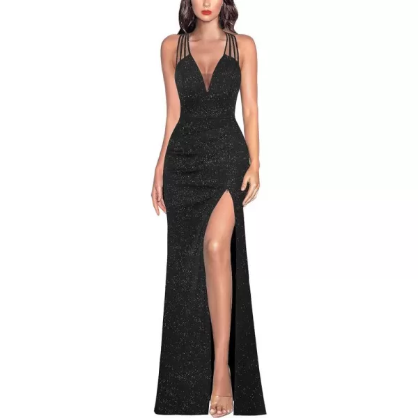 VFSHOW Womens Formal Prom Sexy Deep V Neck Ruched Backless High Slit Maxi Dress 2024 Wedding Guest Long Cocktail Evening GownSparkly Black