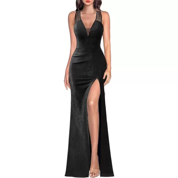 VFSHOW Womens Formal Prom Sexy Deep V Neck Ruched Backless High Slit Maxi Dress 2024 Wedding Guest Long Cocktail Evening GownSparkly Black2