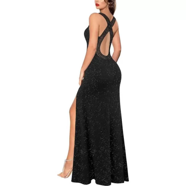 VFSHOW Womens Formal Prom Sexy Deep V Neck Ruched Backless High Slit Maxi Dress 2024 Wedding Guest Long Cocktail Evening GownSparkly Black3