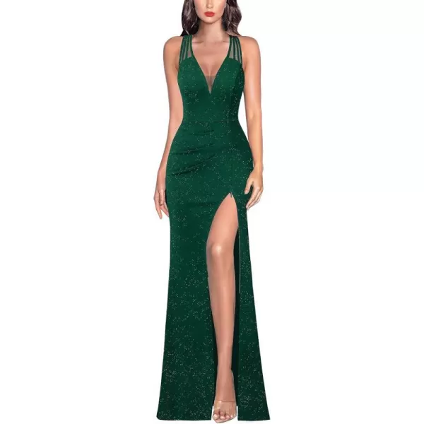 VFSHOW Womens Formal Prom Sexy Deep V Neck Ruched Backless High Slit Maxi Dress 2024 Wedding Guest Long Cocktail Evening GownSparkly Dark Green