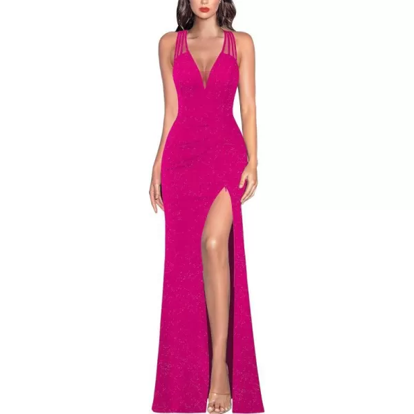 VFSHOW Womens Formal Prom Sexy Deep V Neck Ruched Backless High Slit Maxi Dress 2024 Wedding Guest Long Cocktail Evening GownSparkly Hot Pink