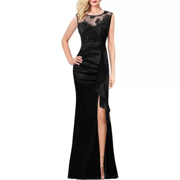 VFSHOW Womens Formal Ruched Ruffles Evening Prom Wedding Party Maxi DressBlack Embroidery  Satin