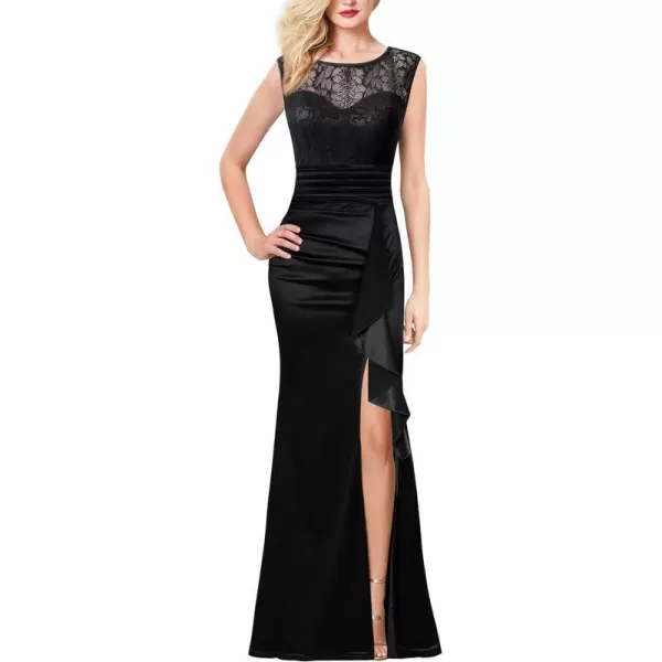 VFSHOW Womens Formal Ruched Ruffles Evening Prom Wedding Party Maxi DressBlack Satin  Floral Lace