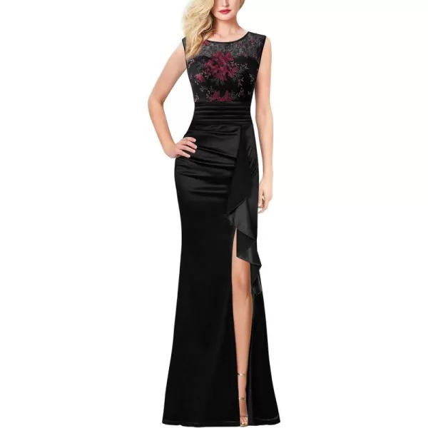 VFSHOW Womens Formal Ruched Ruffles Evening Prom Wedding Party Maxi DressBlack Satin Lace Red Embroidery