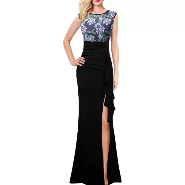 VFSHOW Womens Formal Ruched Ruffles Evening Prom Wedding Party Maxi DressBlack and Multi Floral Print