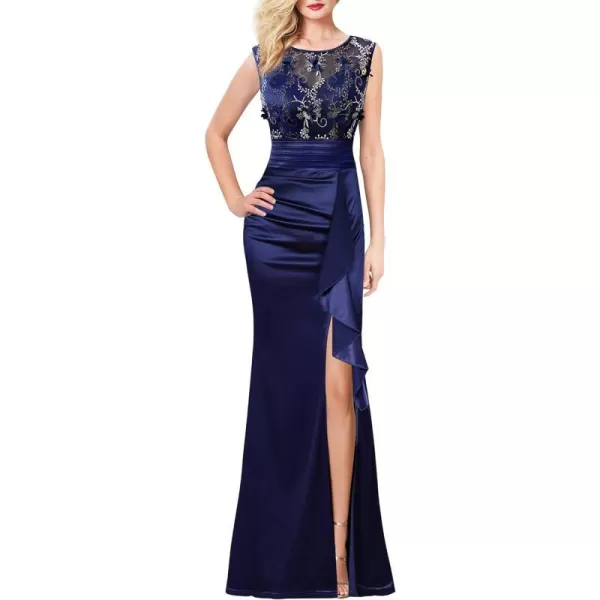 VFSHOW Womens Formal Ruched Ruffles Evening Prom Wedding Party Maxi DressBlue Embroidery  Satin