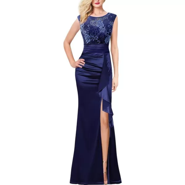 VFSHOW Womens Formal Ruched Ruffles Evening Prom Wedding Party Maxi DressBlue Satin  Contrast Lace