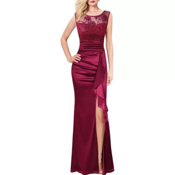 VFSHOW Womens Formal Ruched Ruffles Evening Prom Wedding Party Maxi DressDark Red Embroidery  Satin