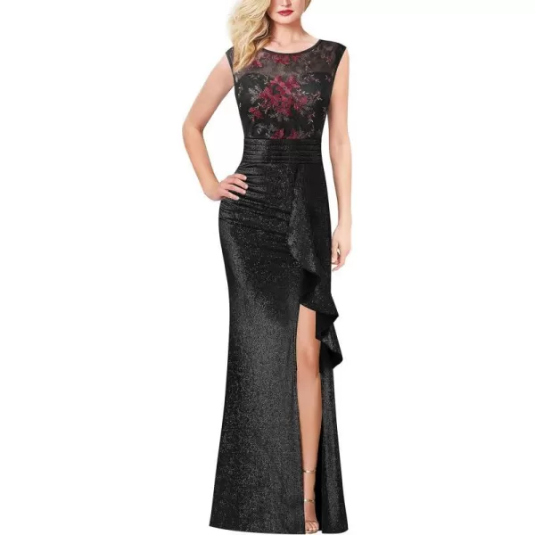 VFSHOW Womens Formal Ruched Ruffles Evening Prom Wedding Party Maxi DressFloral Embroiderysparkly Black