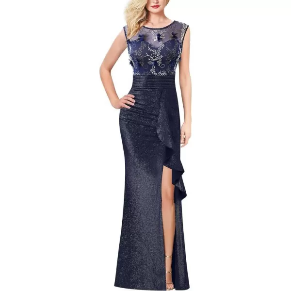 VFSHOW Womens Formal Ruched Ruffles Evening Prom Wedding Party Maxi DressFloral Embroiderysparkly Navy Blue