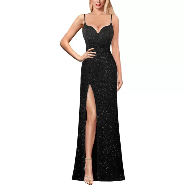 VFSHOW Womens Formal Sexy Spaghetti Strap Sweetheart Fitted High Slit Maxi Dress Cocktail Bodycon Evening Long GownSparkly Black