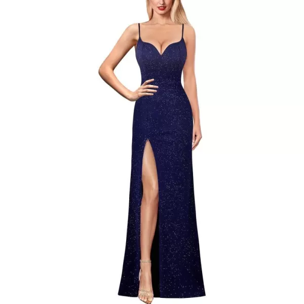 VFSHOW Womens Formal Sexy Spaghetti Strap Sweetheart Fitted High Slit Maxi Dress Cocktail Bodycon Evening Long GownSparkly Dark Blue