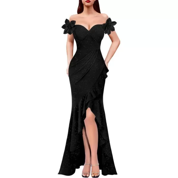 VFSHOW Womens Formal Spaghetti Strap Cold Shoulder Ruched Ruffle Slit Maxi Dress Sexy Sweetheart 3D Flower Prom Evening GownSparkly Black