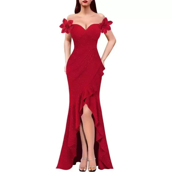 VFSHOW Womens Formal Spaghetti Strap Cold Shoulder Ruched Ruffle Slit Maxi Dress Sexy Sweetheart 3D Flower Prom Evening GownSparkly Red