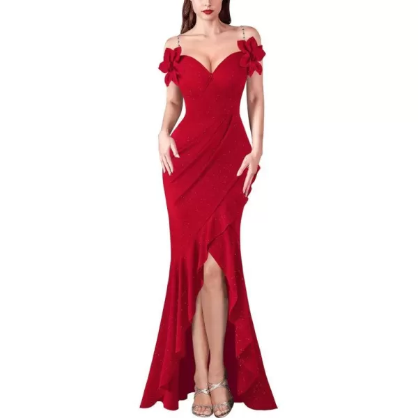 VFSHOW Womens Formal Spaghetti Strap Cold Shoulder Ruched Ruffle Slit Maxi Dress Sexy Sweetheart 3D Flower Prom Evening GownSparkly Red2