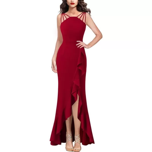 VFSHOW Womens Formal Spaghetti Strap Ruffles Split Mermaid Evening Prom Maxi DressRed