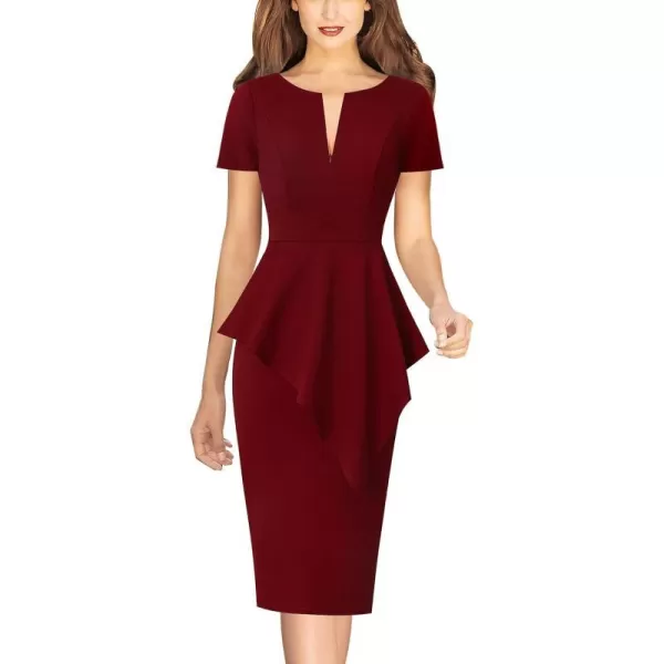 VFSHOW Womens Front Zipper Asymmetrical Peplum Work Business Office Bodycon DressDark Red Asymmetrical Peplum