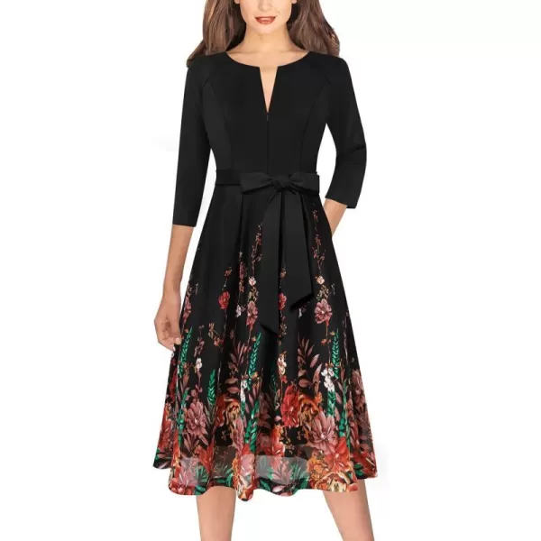 VFSHOW Womens Front Zipper Belted Patchwork Work Business Cocktail Party Casual ALine DressBlack  Orange Floral Print