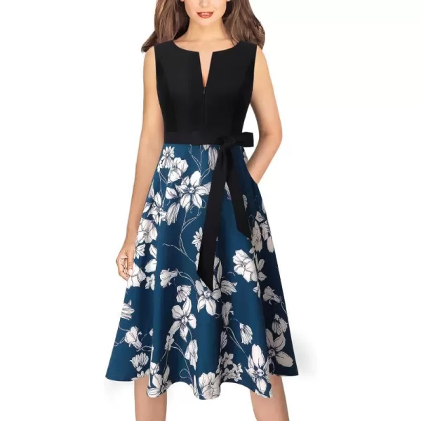 VFSHOW Womens Front Zipper Belted Patchwork Work Business Cocktail Party Casual ALine DressBlack and Blue Floral Print